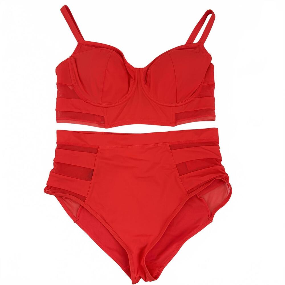 Adore Me | NWT 2 Piece Plus Bikini Hi Waisted Orange Red Mesh Striped Sz 2X 38G